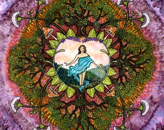 May include: A watercolor painting of a mandala with a woman in a blue dress standing in the center. The mandala is made up of trees, mushrooms, and flowers. The background is a purple and pink gradient.