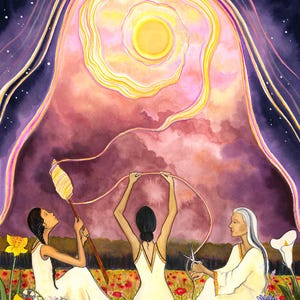 May include: Watercolor painting depicting three figures in white dresses in a field of flowers, reaching towards a radiant sun. The artwork features a celestial background with a starry night sky and swirling colors, evoking a sense of spirituality and connection.