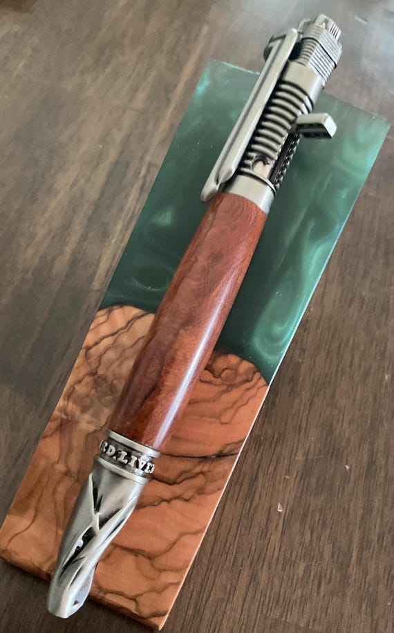 Custom Biker's Live Free Ride Hard Click Pen Antiique Pewter Engine Cap and Eagle Head Tip w/Red Iron Wood Barrel (#3066)