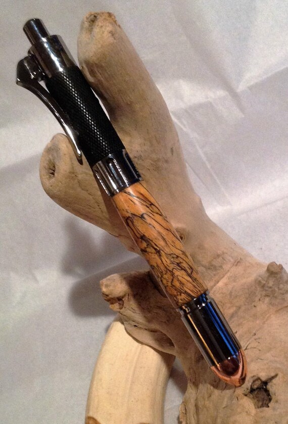 Trigger Revolver Stlye Custom  Pen w/ Spalted Tamarind Wood Barrel, Gun Metal Trim Copper Bullet Tip (#2353)