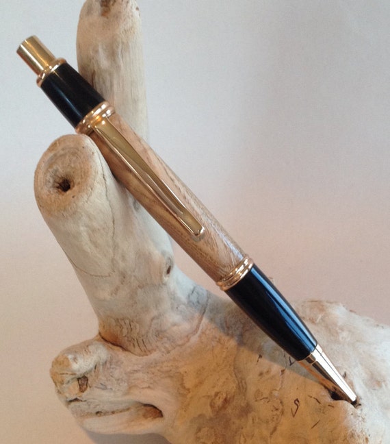 Gatsby Style Click Pen W/Black Ash Burl Wood Barrel  and Gold/ Black (#1152)