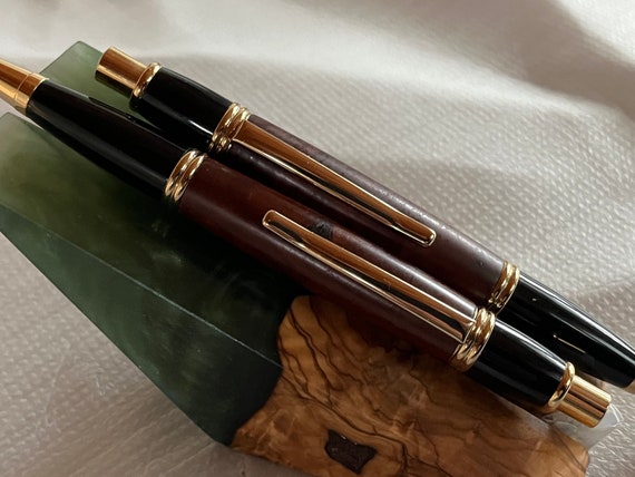 Gatsby Style Click Pen and Pencil W/Blood Heart Wood Barrel and Gold/ Black (#1157AB)