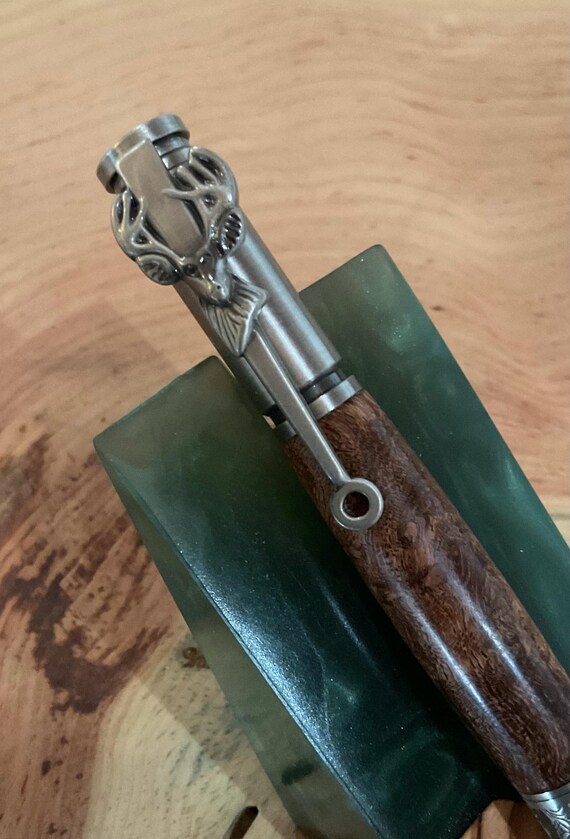 Mesquite Wood Barrel Custom 30 Cal Bolt Action and Deer Clip Pewter Finish Bullet Pen (#642)