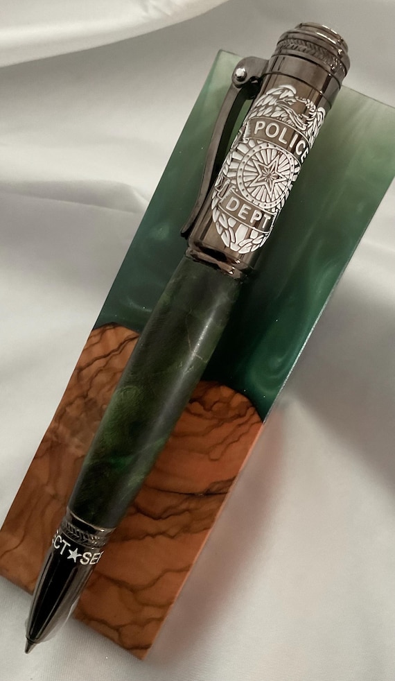 Custom Police Click Pen Style Made W/Jade Buckeye Burl Barrel and Gun Metal Trim (#151)