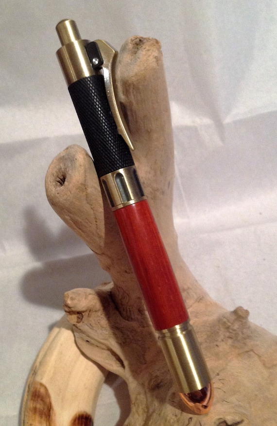 Trigger Revolver Stlye Custom Pen w/Paduak Wood Barrel, Antique Brass Trim and Copper Bullet Tip (#2354)