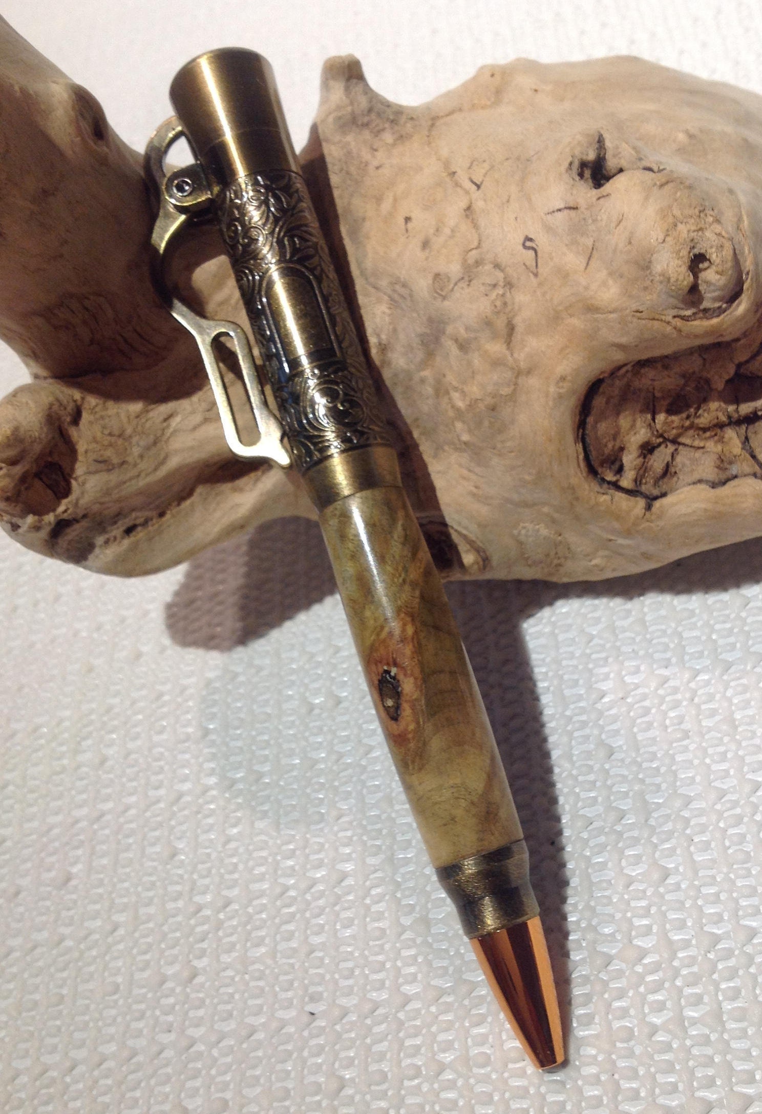 Custom Pen made W/ Buckeye Burl Barrel, Rifle Lever Action Antique Brass  Bullet Pen (#2333)