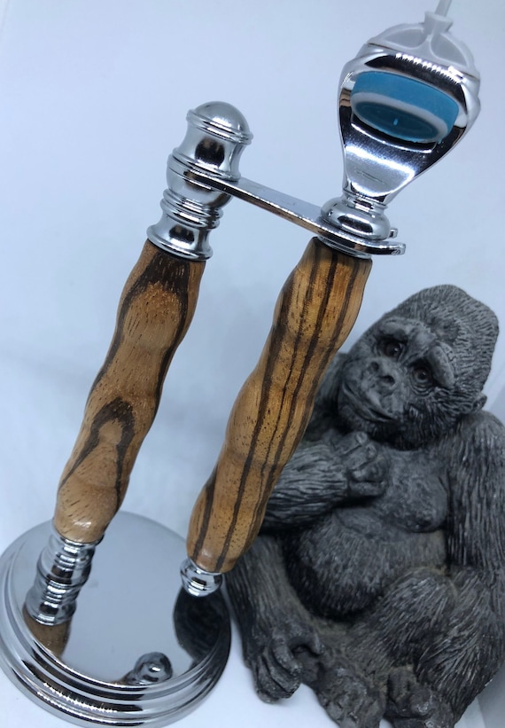Zebra Wood Two Piece Shaving Kit  using a Gillette Fusion Cartridge with Chrome Stand (#2951)