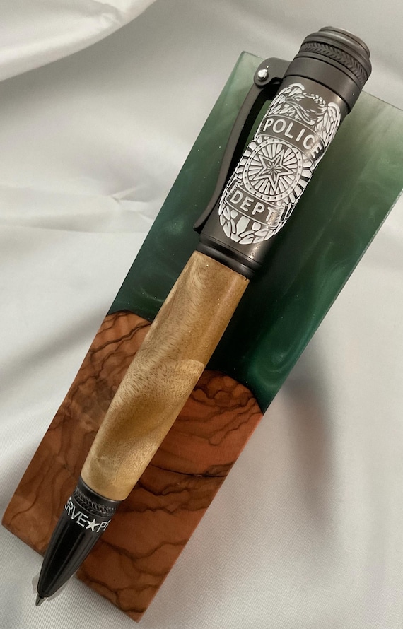 Custom Police Click Pen Style Made W/Eastern European Poplar Wood Burl Barrel and Matte Gun Metal Trim (#152)