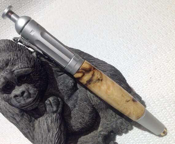 Custom Wood Revolver Action Click pen w/ Blond Buckeye Burl and Satin Nickel Trim (#2358)