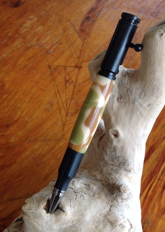 Acrylic Camo Barrel with Black Enamel Finish 30 Cal Bullet Bolt Action Pen (#651)