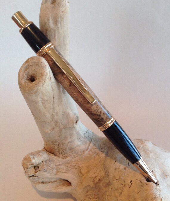 Gatsby Style Click Pen W/Hard Maple Burl Wood Barrel and Gold/ Black (#1150)