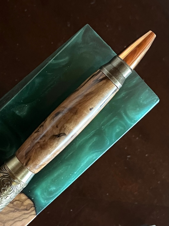 100-Year-Old Apple Wood Burl Barrel Custom Rifle Lever Action Antique Brass Bullet Pen (#2334)