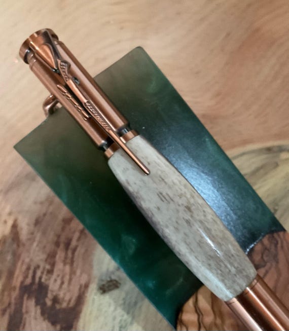 Mule Deer Antler Barrel with Copper Finish 30 Cal Bullet Bolt Action Pen (#641)