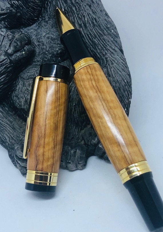 Olive Wood El Grande Two Piece Roller Ball  Custom Pen with Gold Trim (#1623)
