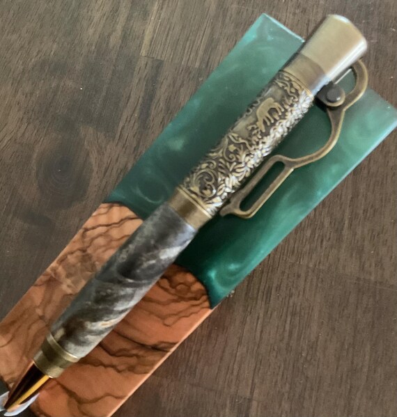 Custom Pen made W/ Buckeye Burl Barrel, Rifle Lever Action Antique Brass Bullet  Pen (#2303)