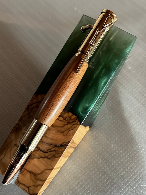 Custom Fat Wood Barrel with Gold Metal Finish 30 Cal Bullet Bolt Action Pen (#651)