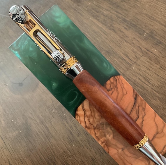 New Custom Biker Twist Pen w/ Skull Clip Emblem W/Black and Red Iron Wood with Chrome and Gold Trim (#3053)