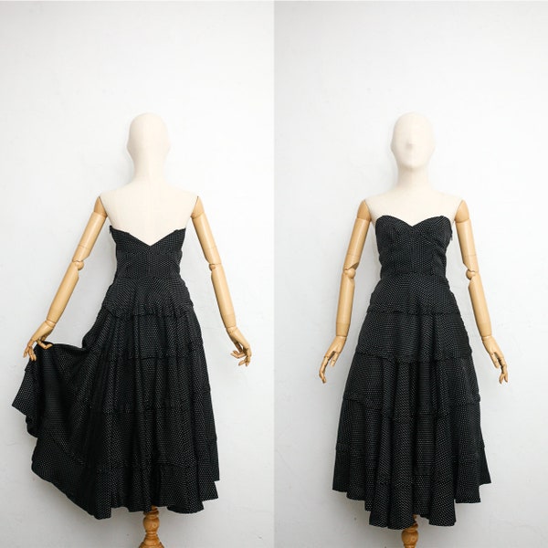 Vintage 50s Dress | Vintage Pin Up Dress | Black White Polka Dot Dress | Full Skirt Dress | Tube Top Dress | Low Back Dress | Corset Dress