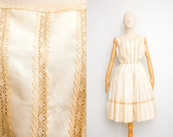 Vintage 50s Silk Dress | Vintage Wedding Dress | Ivory Floral Silk Damask | Boat Neck Pleated Full Skirt | Cocktail Dress | Evening Dress