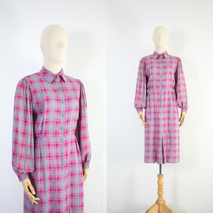 UNGARO 80s Vintage Wool + Silk Dress / Gris claro + Camisa a cuadros rosa / Diseñador francés / Falda Midi de manga larga / Mod Work Dress