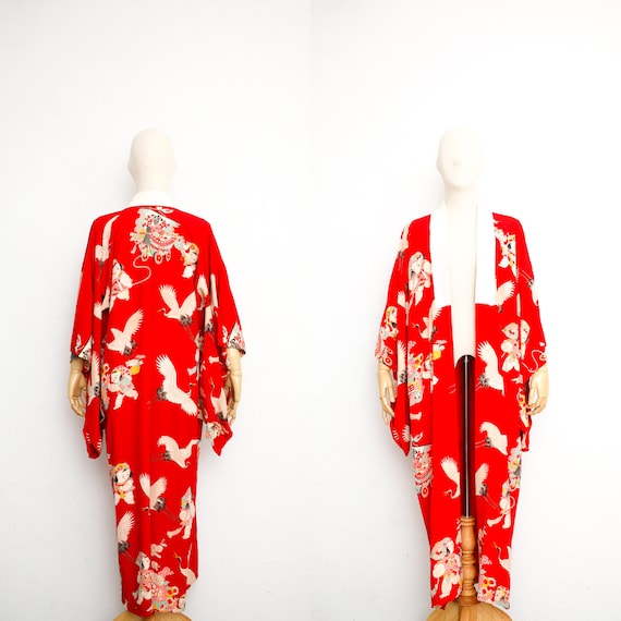 Silk Crane Print Long Red Japanese Kimono