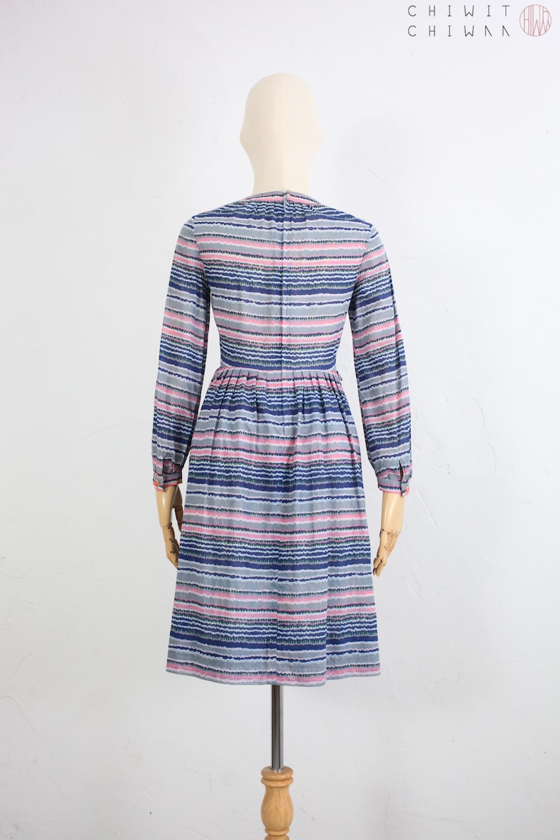 Sheer Cotton Shirtdress 1970s Vintage Dress Long Sleeve Pleated Skirt Japanese Vintage Dress Blue Striped Print Blouson Dress