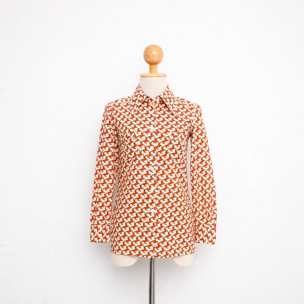 Vintage 70s Blouse | Japanese Vintage Blouse | Women's Shirt | 70s Cotton Shirt | Horse Novelty Print | Retro Shirt | Long Sleeve | XS