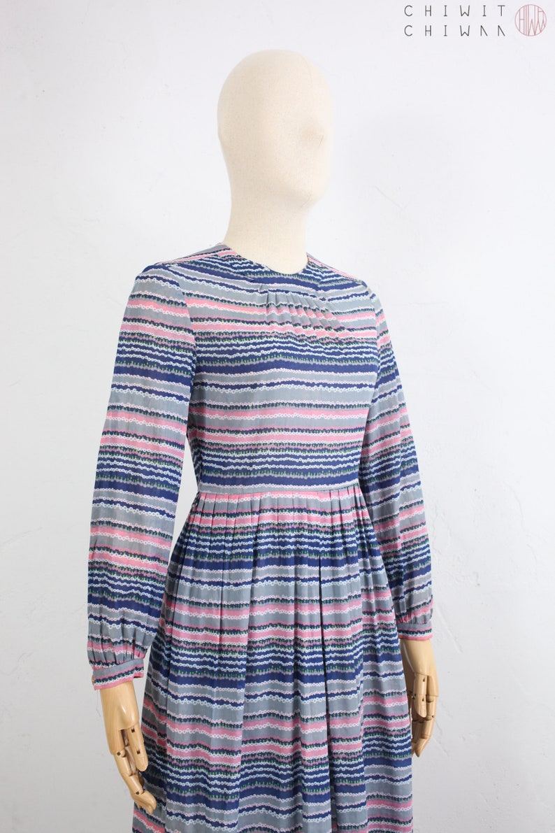 Sheer Cotton Shirtdress 1970s Vintage Dress Long Sleeve Pleated Skirt Japanese Vintage Dress Blue Striped Print Blouson Dress