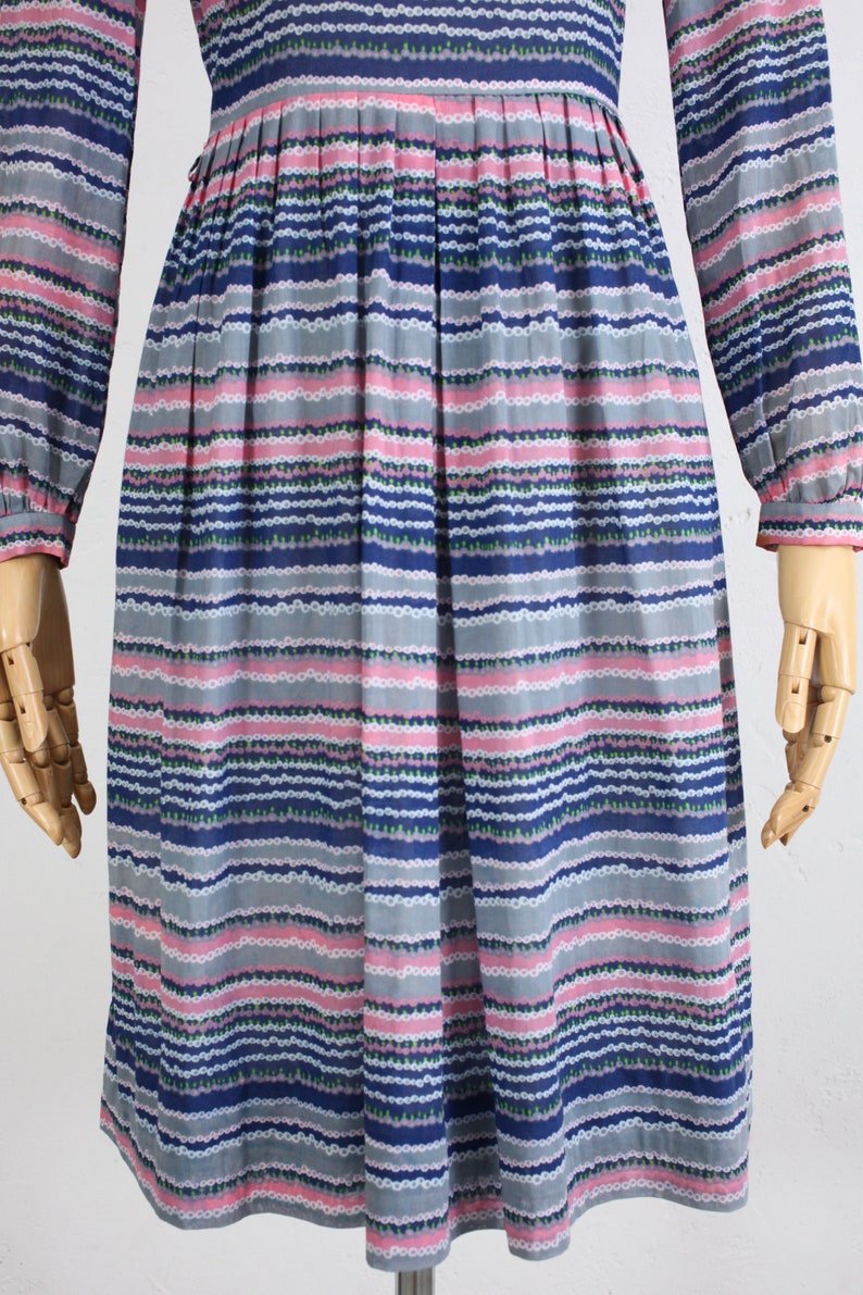 Sheer Cotton Shirtdress 1970s Vintage Dress Long Sleeve Pleated Skirt Japanese Vintage Dress Blue Striped Print Blouson Dress
