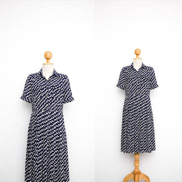 Vintage 70s Dress | Japanese Vintage Dress | Soft Sheer Dress | Shirt Dress | Navy Blue Dress | Pleated Skirt | Leaf Print Collared Dress