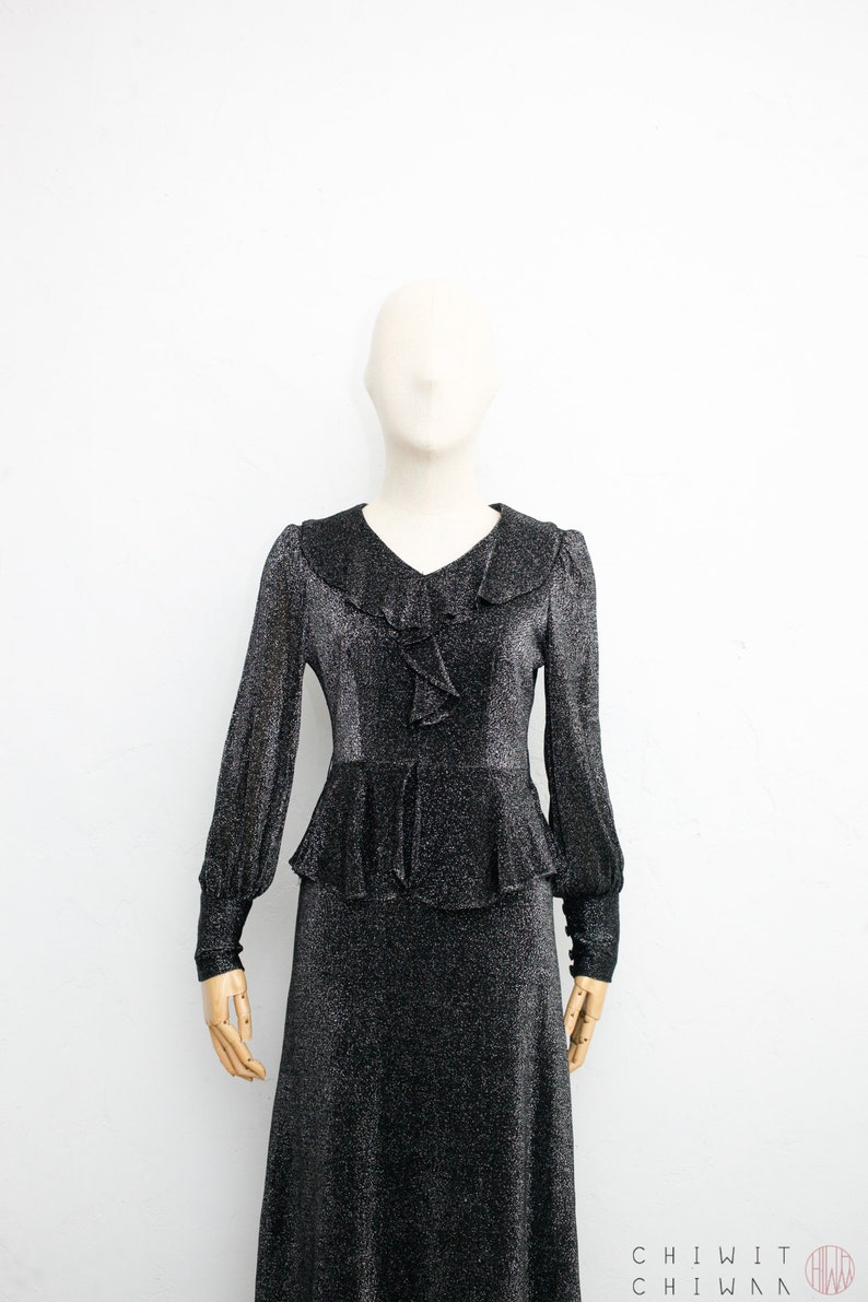 Evening Dress Cocktail Maxi Dress Black x Silver Glitter Ruffled Dress Japanese Vintage Dress Vintage 60s Dress Party Dress XS