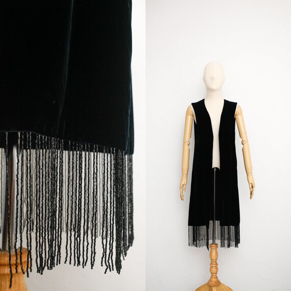 Vintage 70s Beaded Black Velvet Vest | Rayon Velve