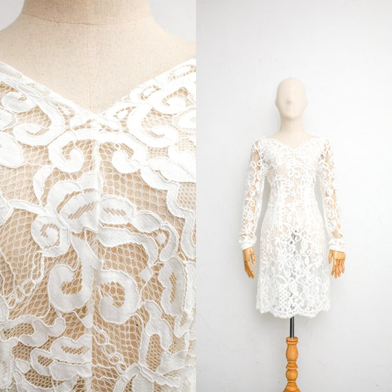 70s Vintage Wedding Dress | White Cotton Lace Dres
