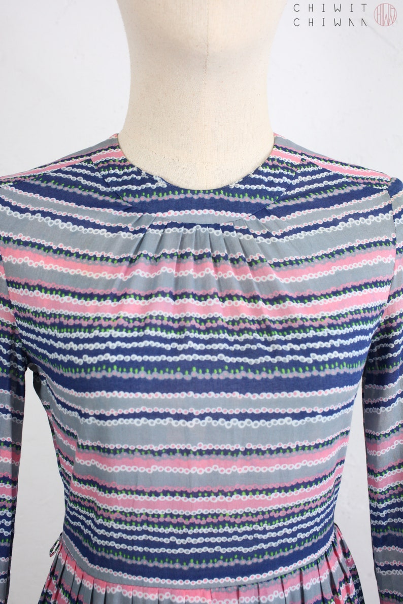 Sheer Cotton Shirtdress 1970s Vintage Dress Long Sleeve Pleated Skirt Japanese Vintage Dress Blue Striped Print Blouson Dress