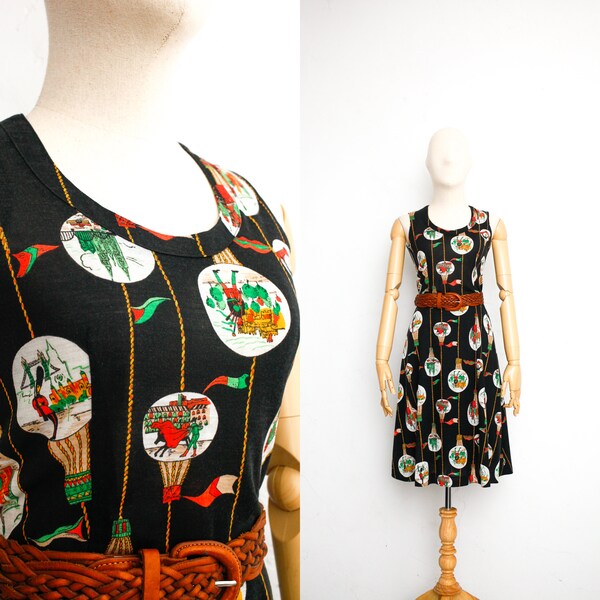 Vintage 60s Dress | Japanese Vintage Dress | Flare Skirt Dress | Summer Sun Dress | Black Novelty Print | Skater Dress