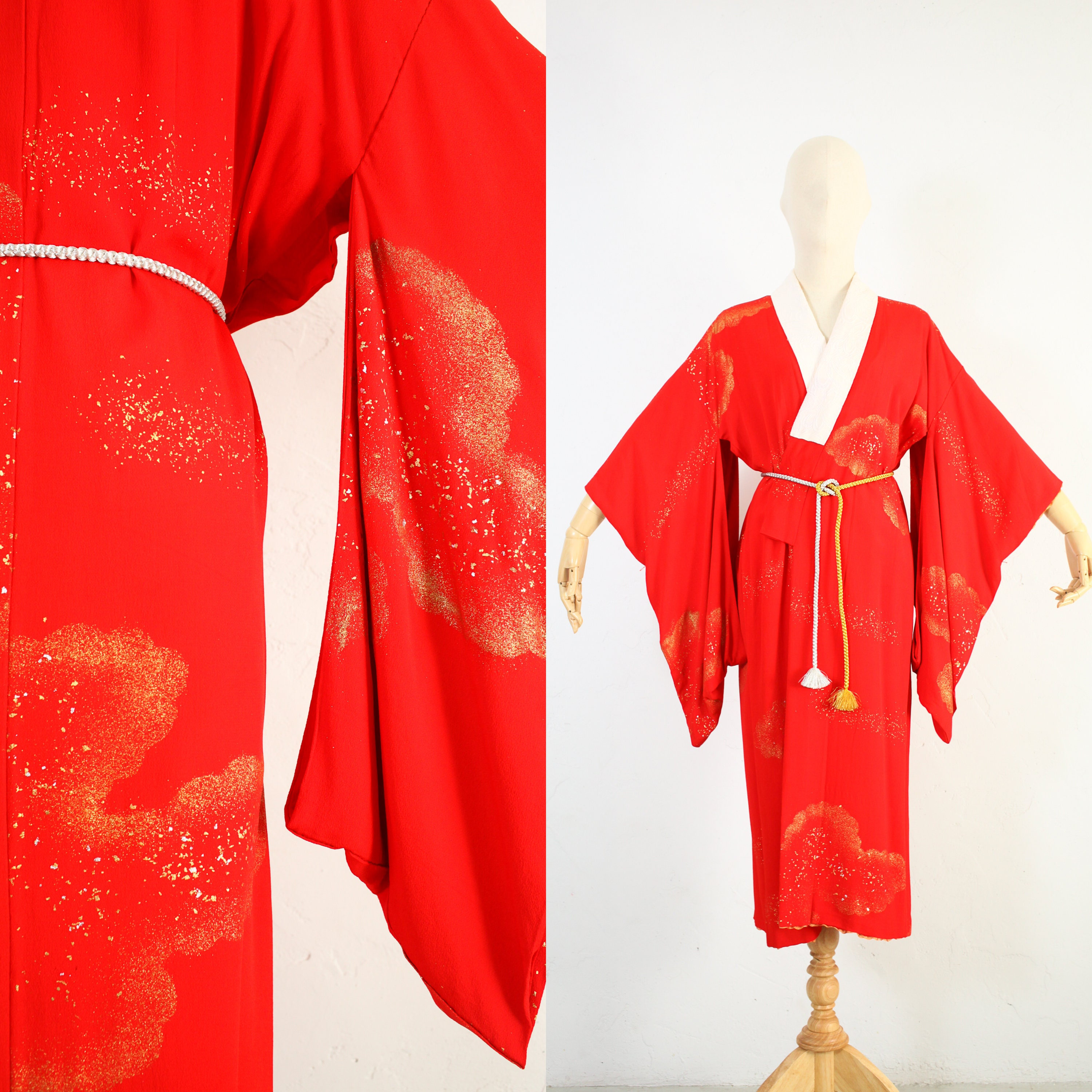 Bruiloft Furisode Kimono Medium tot Groot Tsuru Vogel Kersenbloesem Kleding Dameskleding Pyjamas & Badjassen Jurken Rode Zijde Kimono Wiel van Genji Vintage Japanse Kimono 