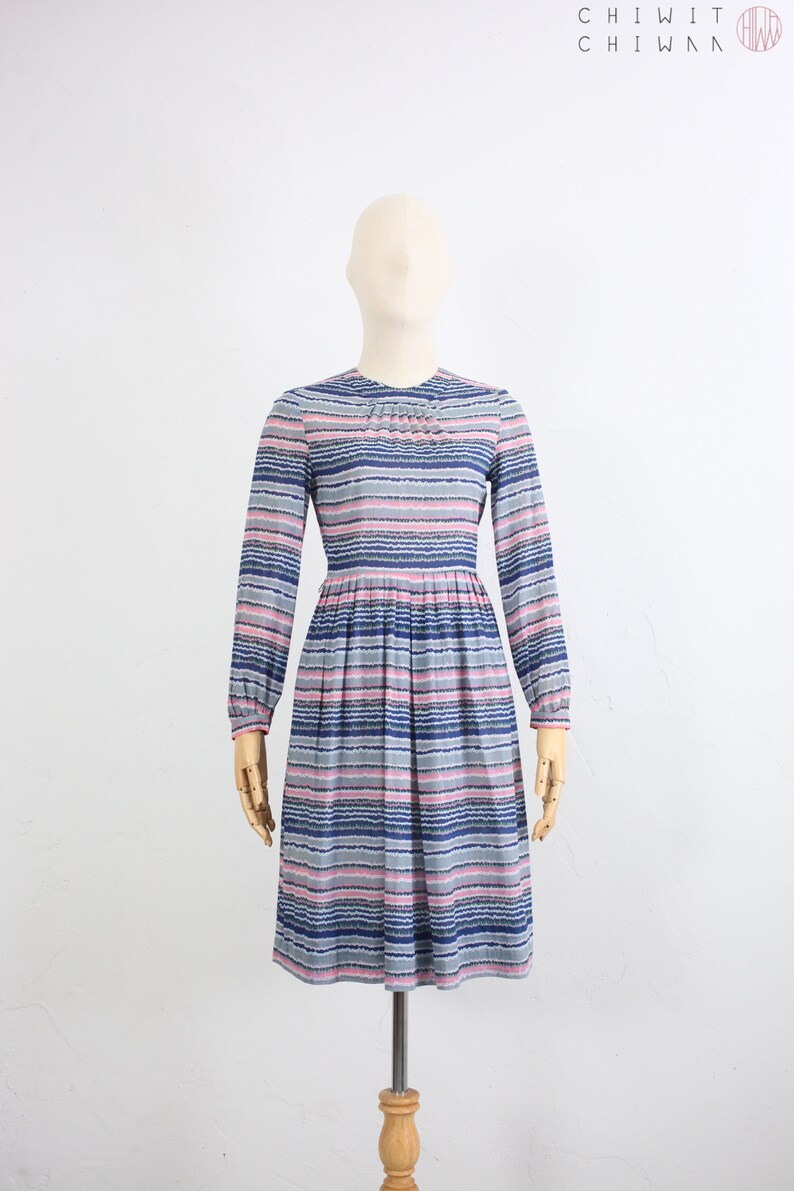 Sheer Cotton Shirtdress 1970s Vintage Dress Long Sleeve Pleated Skirt Japanese Vintage Dress Blue Striped Print Blouson Dress