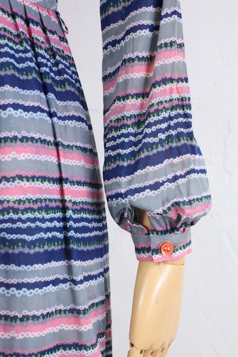 Sheer Cotton Shirtdress 1970s Vintage Dress Long Sleeve Pleated Skirt Japanese Vintage Dress Blue Striped Print Blouson Dress