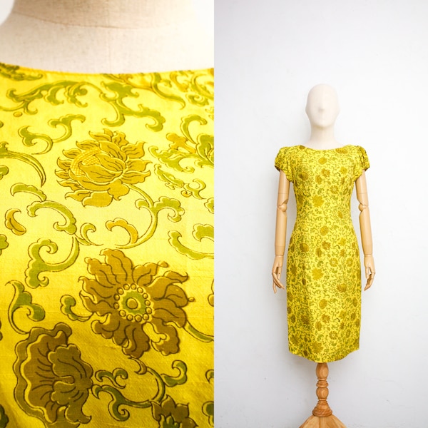 Vintage 60s Wiggle Dress | Sunflower Yellow Sheath Dress | Allover Floral Print | Lady-like Dress | Elegant Pencil Dress | evening Dress