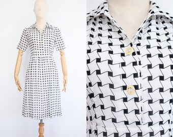 70's Vintage Cotton Dress | Japanese Vintage Dress | White Black Geometric Print Shirtdress | Summer Day Dress Midi Skirt Cotton Gauze