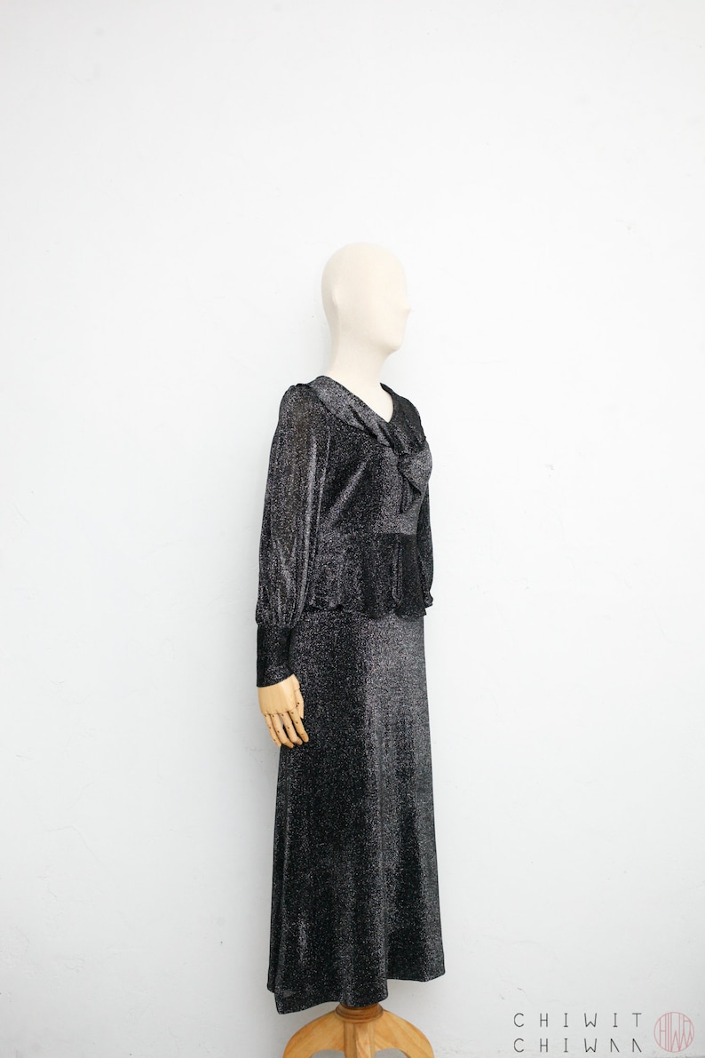 Evening Dress Cocktail Maxi Dress Black x Silver Glitter Ruffled Dress Japanese Vintage Dress Vintage 60s Dress Party Dress XS