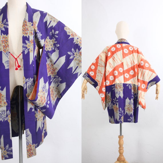 Vintage Short Kimono Japanese Haori Jacket 50s Silk Kimono Kimono Wall Hanging, 1950s Japanese Robe Floral Kimono Purple Kimono