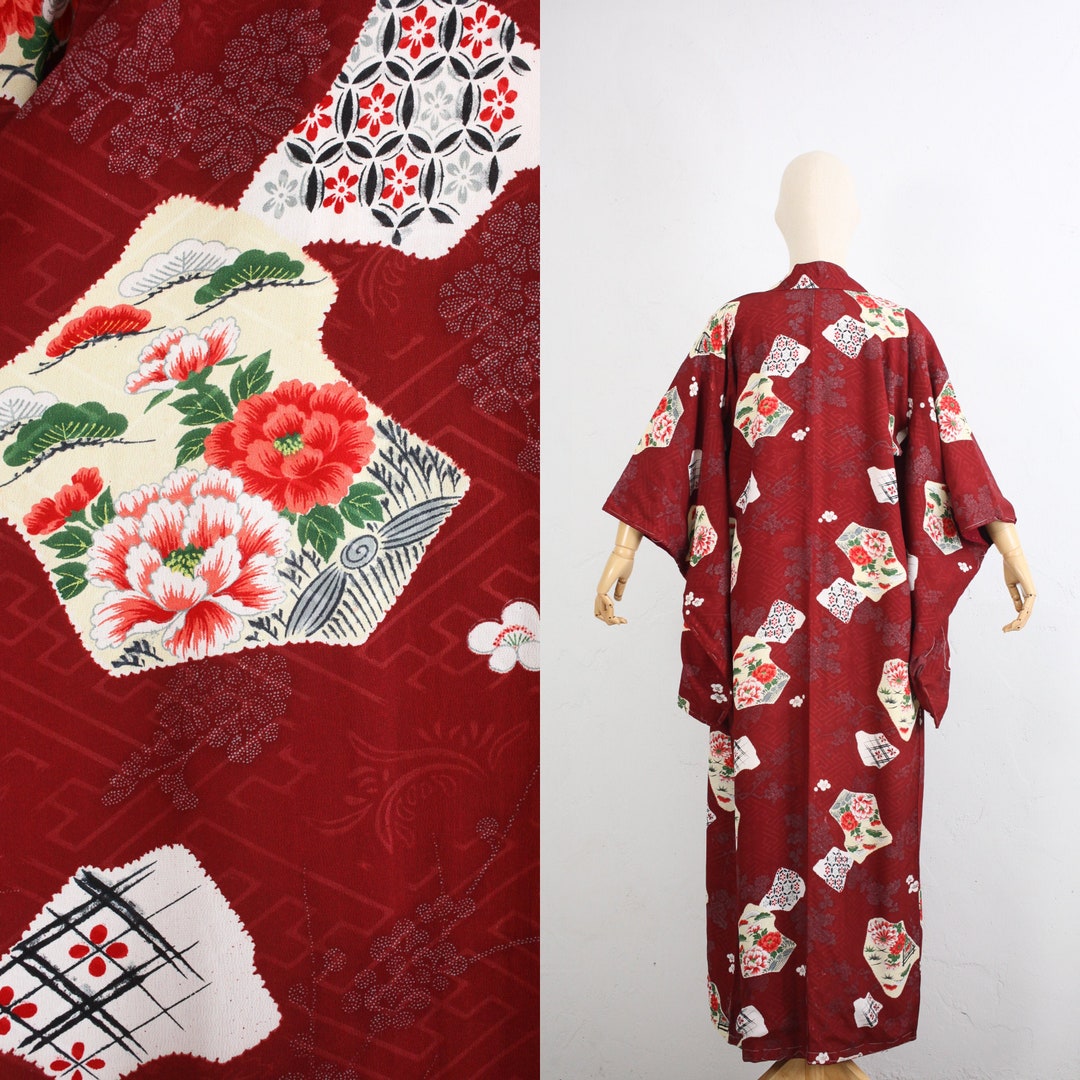 Maroon retro kimono cover soft floral >>> one size