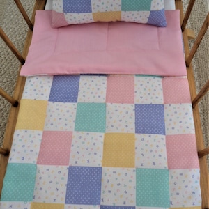 Patchwork Doll Bedding Set, Doll Blanket and Pillow