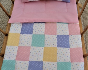 Patchwork Doll Bedding Set, Doll Blanket and Pillow