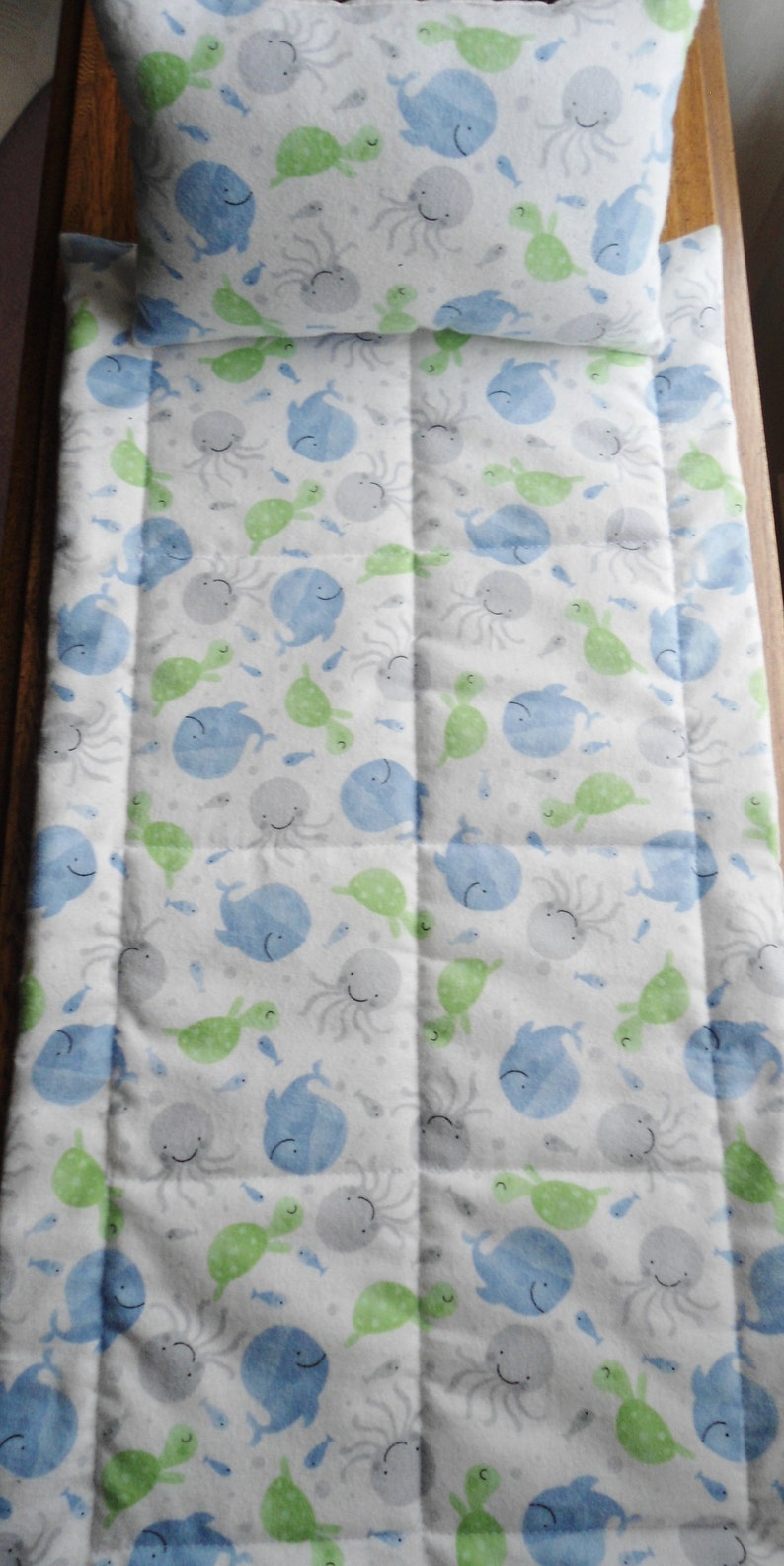 Flannel Doll Blanket /& Doll Pillow Set Fish Whales Octopus Turtles Doll Bedding