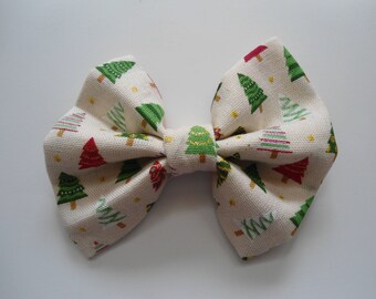 Christmas Tree Hair Bow: Glitter Stars, Beige Cotton, Handmade