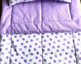 Lavender Doll Bedding Set, White with Lavender Dots, Doll Blanket and Pillow