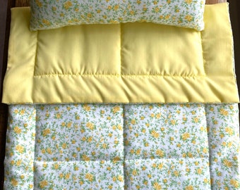 Yellow Flowers Doll Bedding Set,  Doll Bedding, Doll Blanket and Pillow