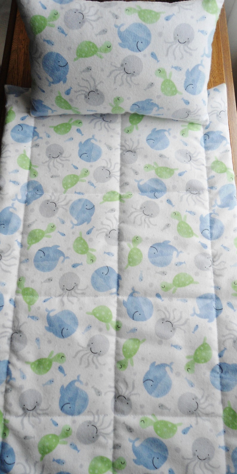 Flannel Doll Blanket /& Doll Pillow Set Fish Whales Octopus Turtles Doll Bedding